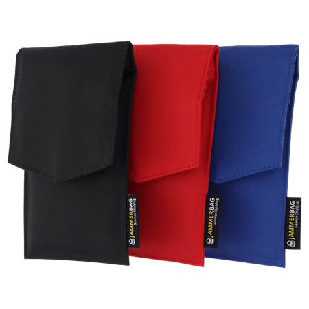 Jammerbag - radio frequency shielding bag - black, blue, and red - side view